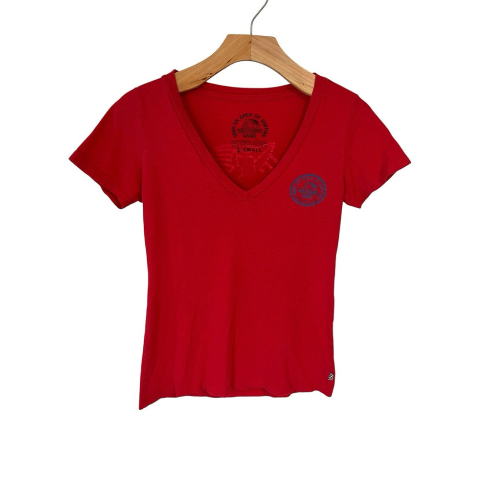 Vans T Shirt Womens XS Red V Neck US Open Surfing